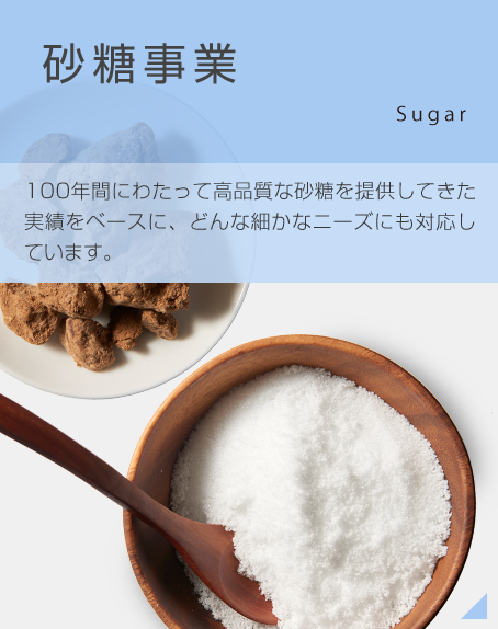 砂糖事業　100年間にわたって高品質な砂糖を提供してきた実績をベースに、どんな細かなニーズにも対応しています。